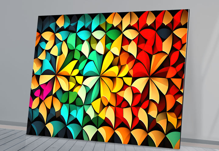 Bunte geometrische Glaswandkunst – Lebendiges abstraktes 3D-Muster