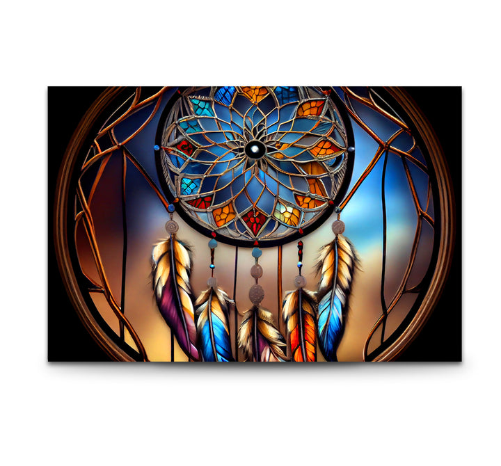 Dreamcatcher Stained Glass Wall Art – Boho Spirit Window Design, Tribal Home Decor