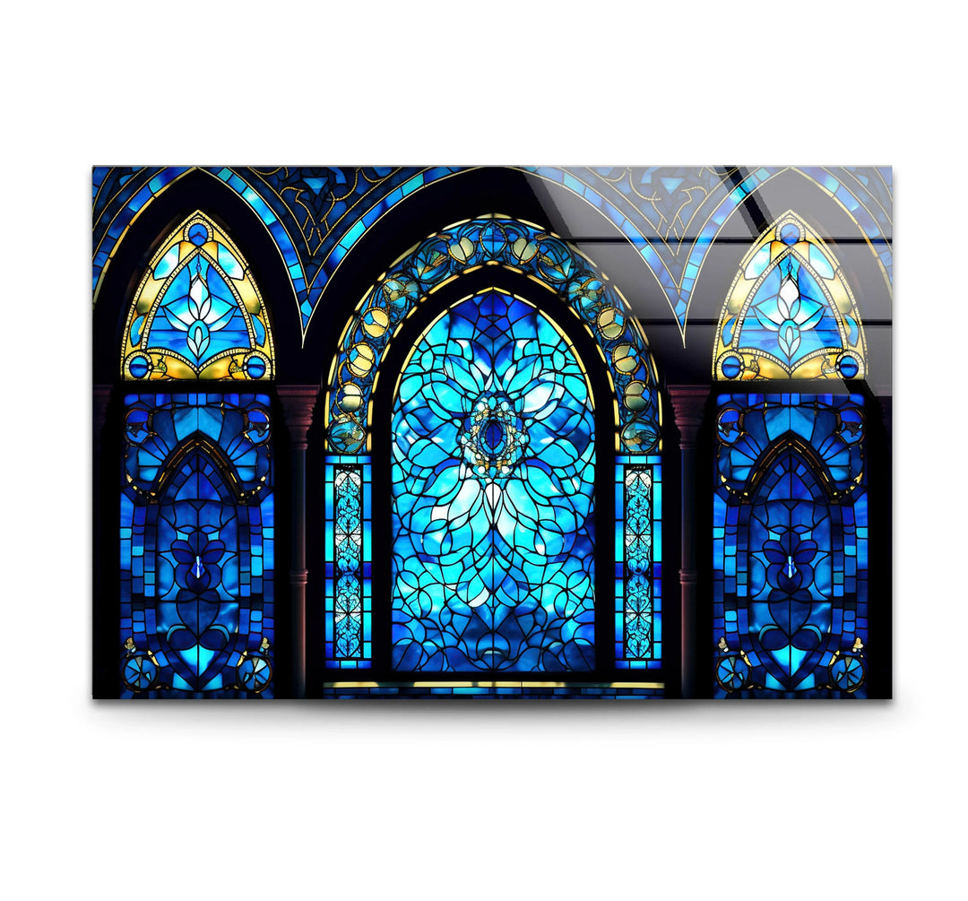 Gothic Blue Stained Glass Wall Art – Elegant Arched Window Design, Vintage Cathedral-Inspired Home Decor - MyPhotoStation