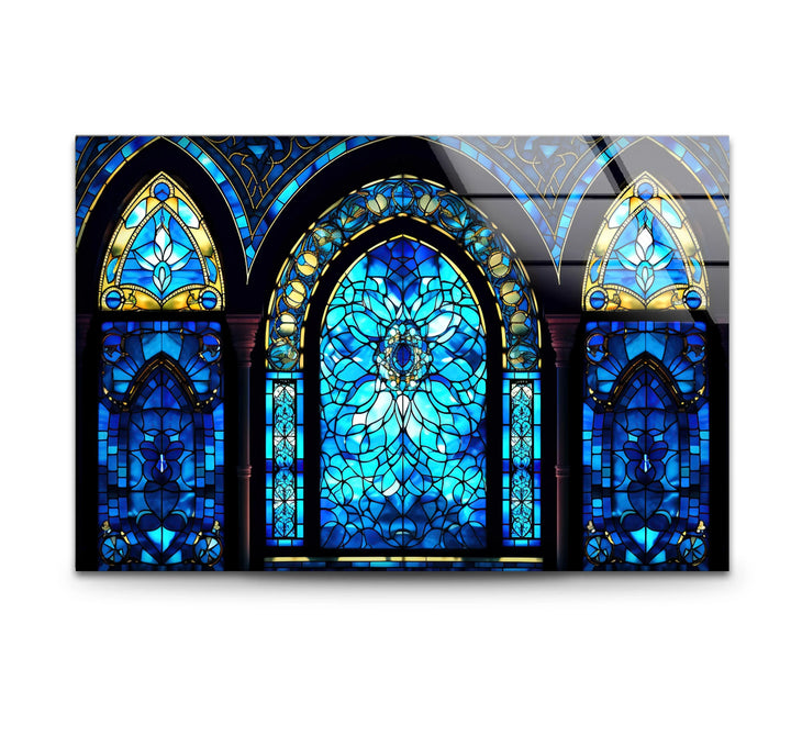 Gothic Blue Stained Glass Wall Art – Elegant Arched Window Design, Vintage Cathedral-Inspired Home Decor - MyPhotoStation