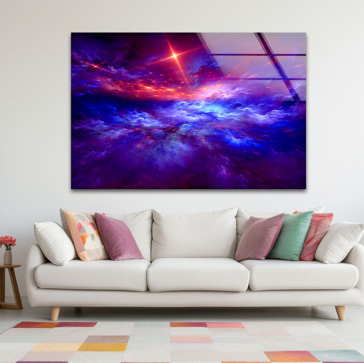 Purple Galaxy Cloud Wall Art – Vibrant Cosmic Sky Glass Print Décor
