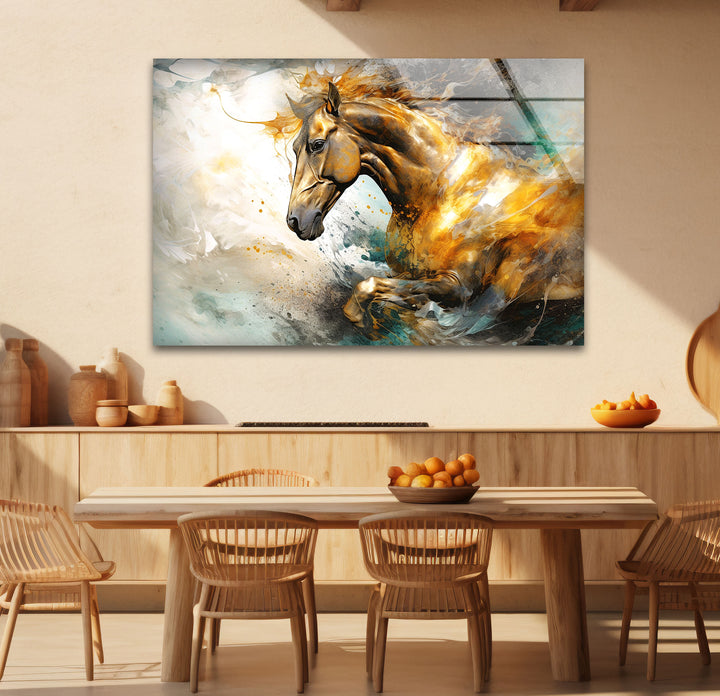 Golden Gallop Wandkunst – Majestätisches Pferd Abstraktes Glasdruckdekor