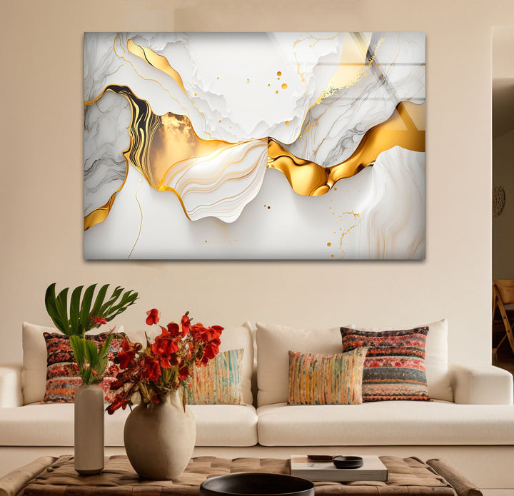 Marble Gold Wave Wall Art – Luxury Abstract Glass Print for Modern Interiors