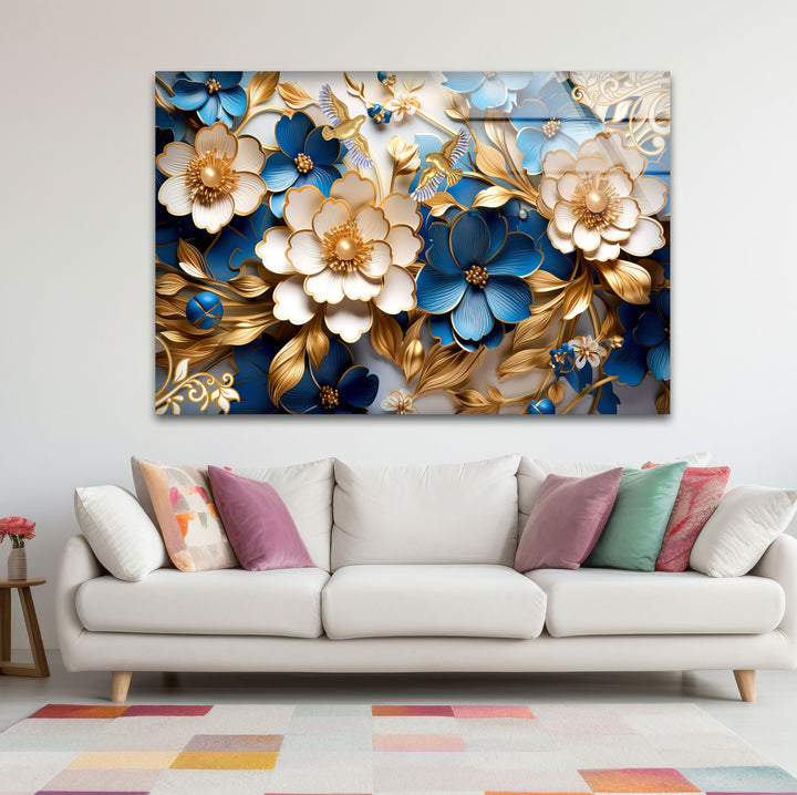 Elegante blau-goldene florale Wandkunst – 3D-Glasplatte für moderne Innenräume