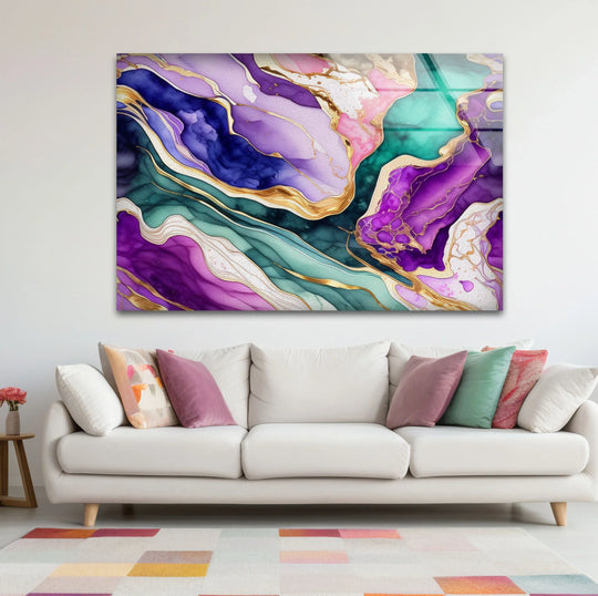 An abstract glass print showcasing a vibrant transition of purple, teal, and gold hues flowing like liquid marble.
