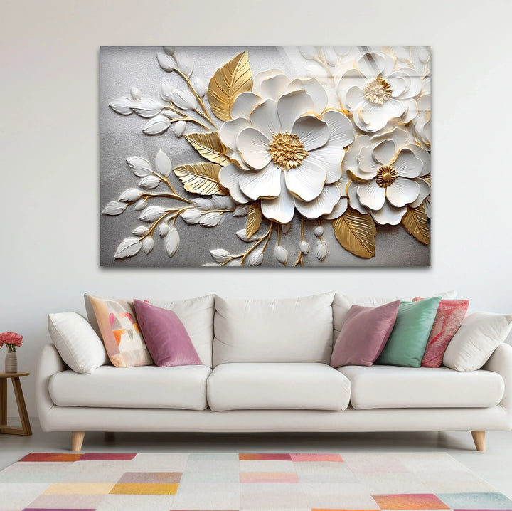 White Gold Floral Wall Art – 3D Textured Flower Print on Glass Panel - MyPhotoStation