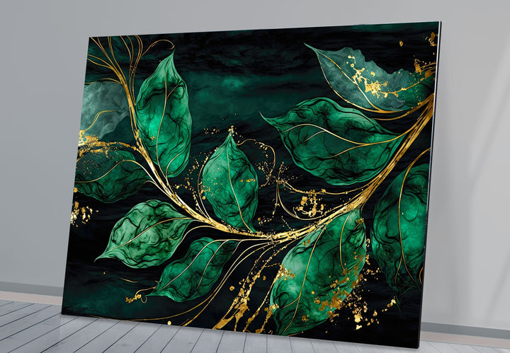 Smaragdgrüne und goldene Glaswandkunst – Elegantes botanisches Blattdesign