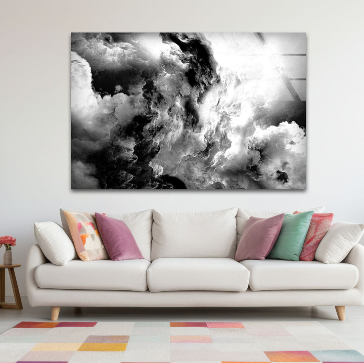 Monochrome Storm Wall Art – Black and White Cloud Glass Print Decor