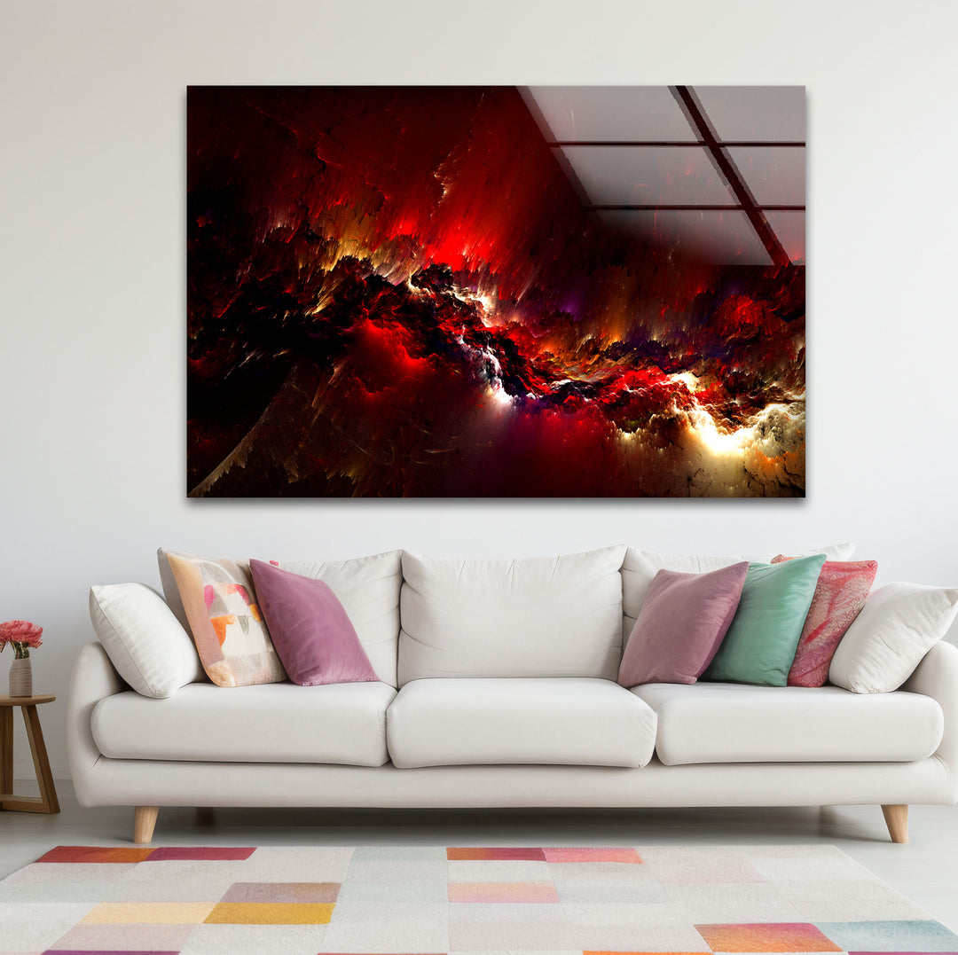 Crimson Nebula Wall Art – Fiery Red Abstract Galaxy Glass Print