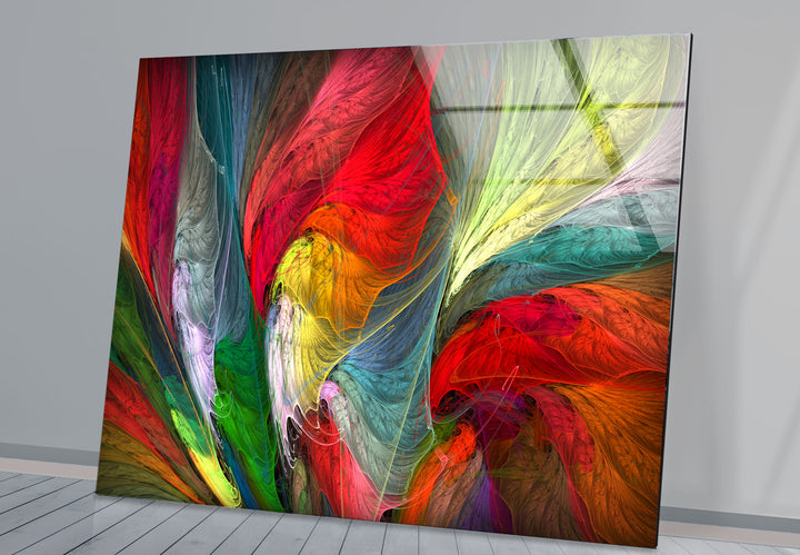 Colorful Feather Burst Wall Art – Abstract Rainbow Glass Print Decor