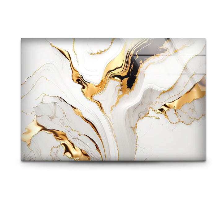 White Gold Marble Abstract Wall Art – Modern Luxury Glass Print for Elegant Interiors