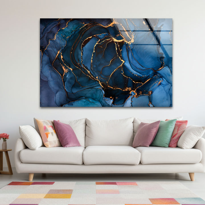 Midnight Blue Gold Abstract Wall Art – Luxury Fluid Ink Glass Print