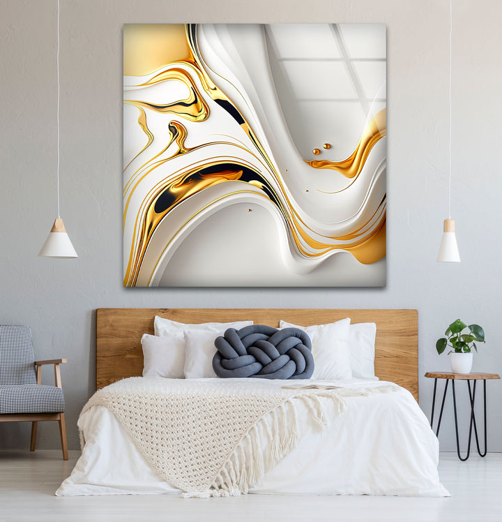 White Gold Fluid Wall Art – Modern Abstract Glass Print for Interior Elegance