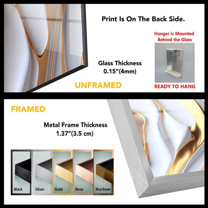 Gold White Abstract Wall Art – Luxury Fluid Texture Glass Print for Modern Interiors
