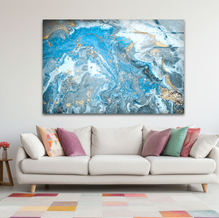 Blue Gold Ocean Marble Wall Art – Elegant Abstract Glass Print Decor