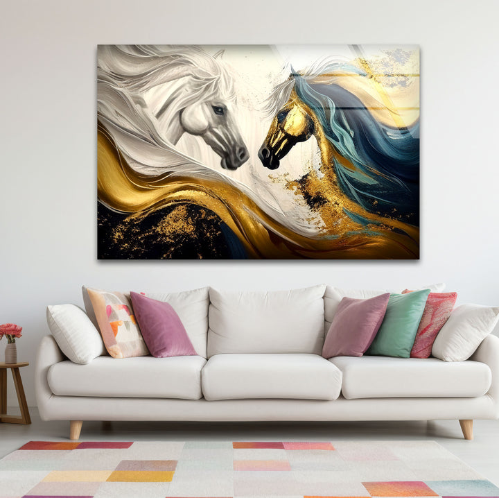 Majestic Gold Horses Wall Art – Luxury Abstract Equine Glass Print