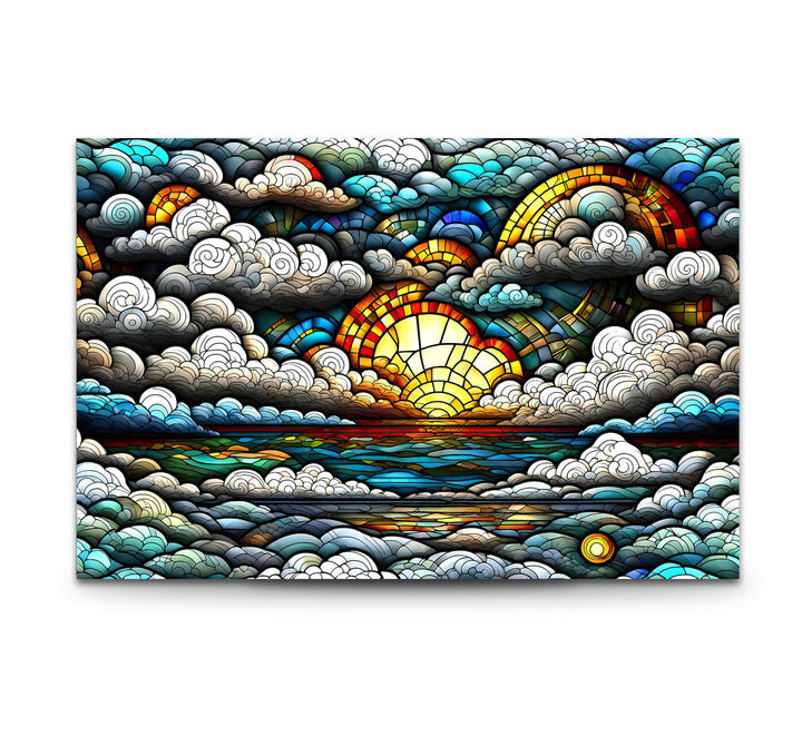 Stained Glass Sunrise Cloudscape Wall Art – Serene Horizon Decor