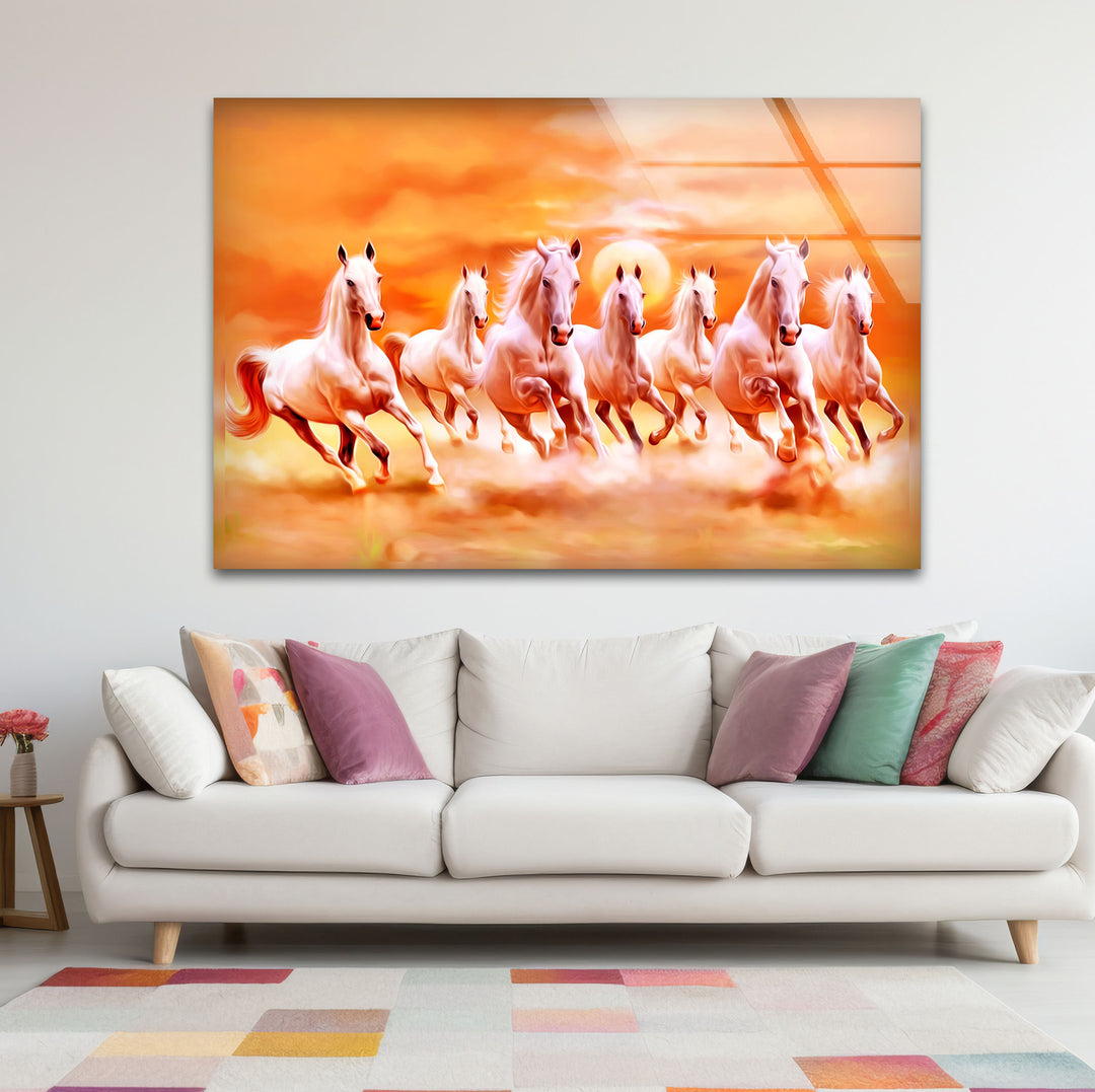 Wandkunst mit sieben laufenden Pferden – Spirituelle Sonnenaufgangsszene, Glasdruck