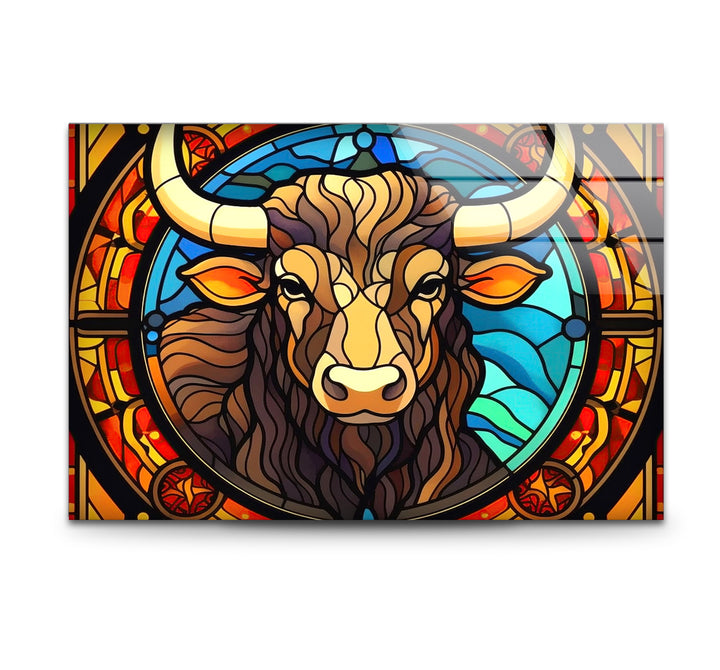 Wanddekoration mit Stier aus Buntglas – Rustikales Dekor, modernes Tierdesign 