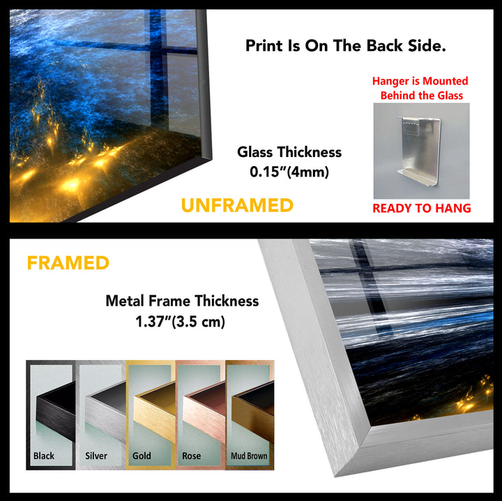 Celestial Ocean Light Wall Art – Abstract Blue and Gold Horizon Glass Print