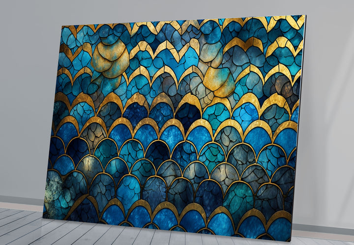 Blau-goldene Wellenmosaik-Glaskunst – Vom Meer inspirierte, rissige Textur 