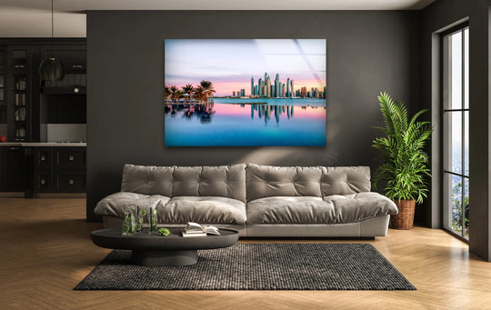 High color contrast showcases the Dubai skyline reflected on the water in this glass printing wall art, capturing the iconic Palm Jumeirah view with vivid hues.