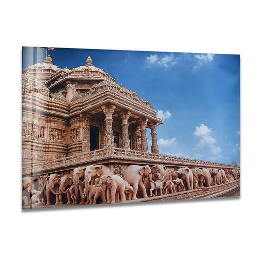Heavily textured surface of the Jain temple architecture glass art reveals intricately carved details depicting spiritual beauty.