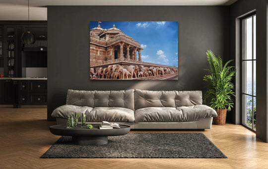The darkest area frames the intricate Jain temple architecture in this print wall art, emphasizing the spiritual beauty of this canvas wall art.