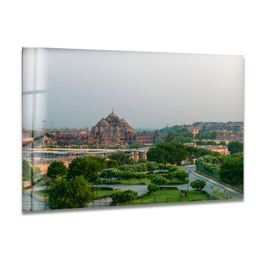 The stillness of the Akshardham Temple in India is captured in this serene glass art painting, showcasing the spiritual wonder and architectural marvel amidst lush gardens.