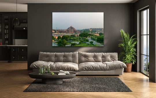 Softest light envelops Akshardham Temple, a spiritual and architectural wonder in India, showcased as a stunning print wall art piece that celebrates this majestic marvel.