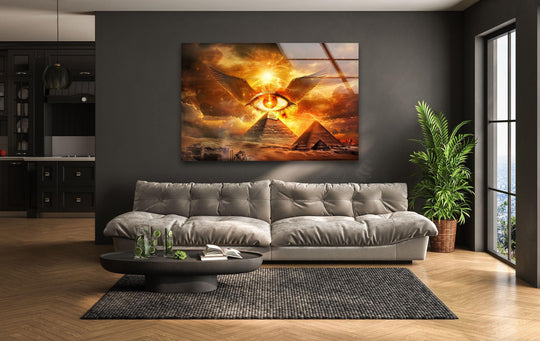 High-quality glass printing showcases the luminous Eye of Horus and pyramids with striking detail and vibrant colors.