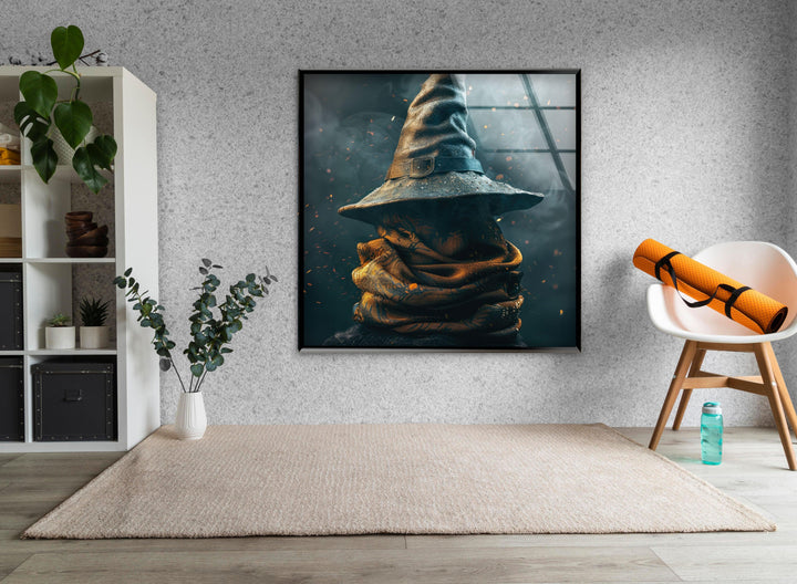 A mystical wizard hat with a pointed, weathered brim and leather strap, resting atop a textured cloak in a smoky, magical setting with glowing embers.