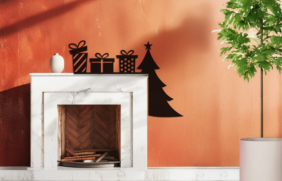 Regalos festivos y árbol de Navidad: Decoración de chimenea de metal