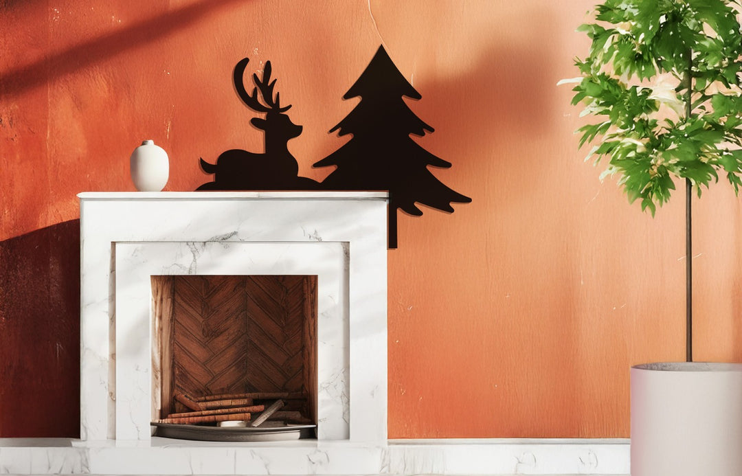 رنة صامتة وشجرة صنوبر - ديكور معدني للمدفأة لعيد الميلاد