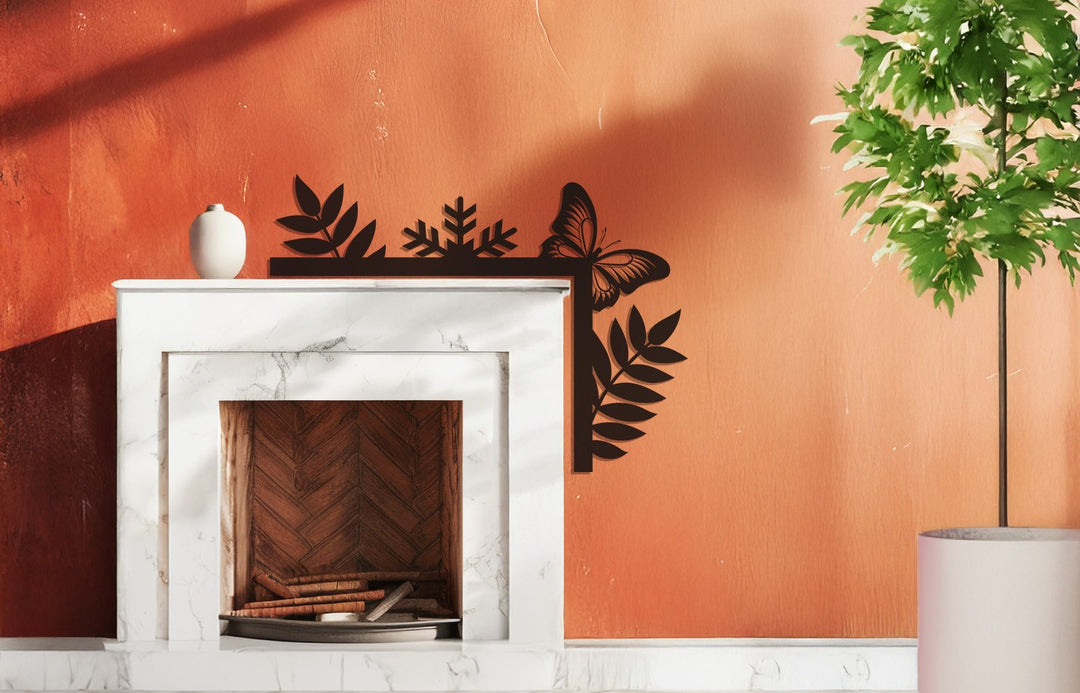 تناغم الطبيعة - ديكور معدني للمدفأة على شكل فراشة وورقة