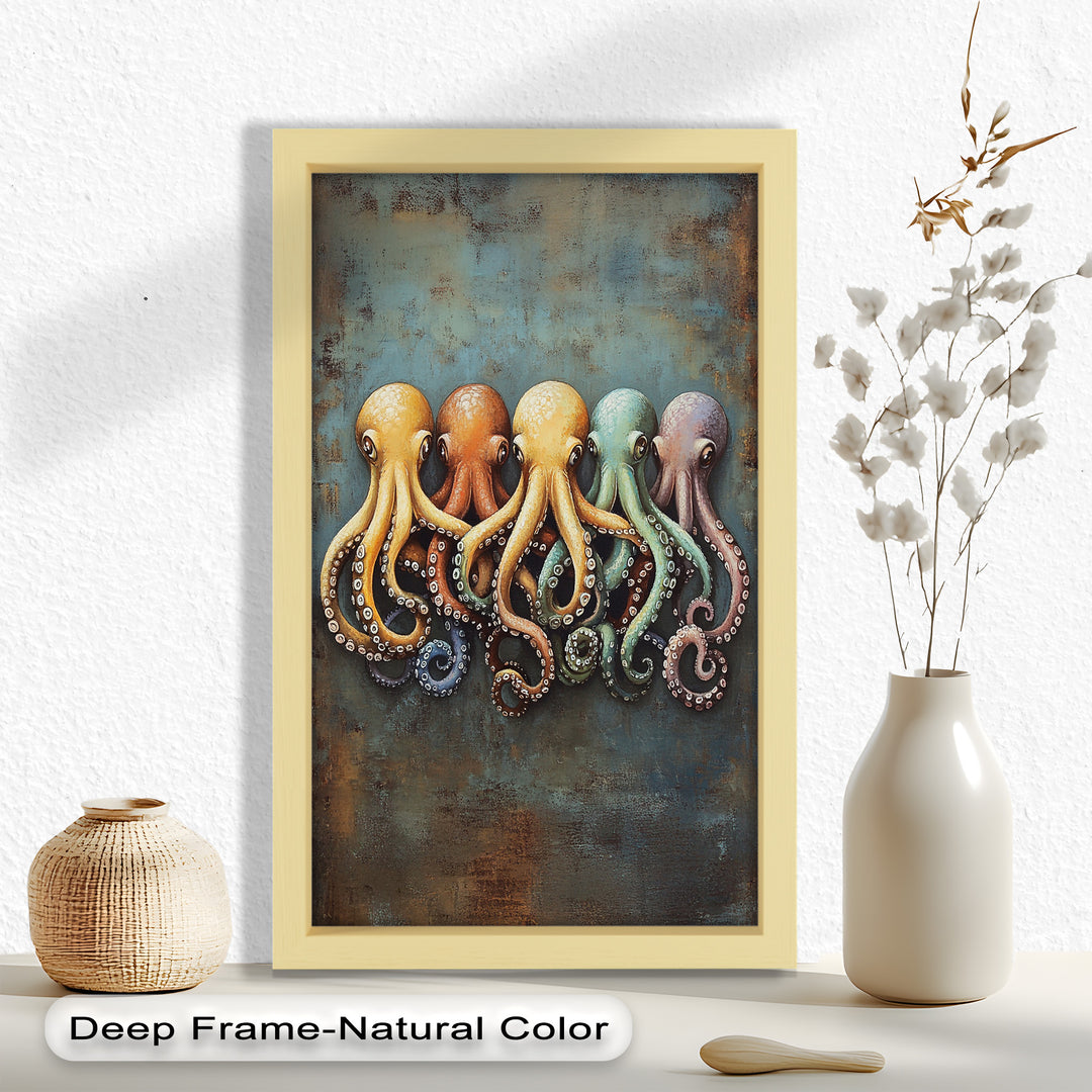 Whimsical Row of Octopuses – Colorful Sea Life Animal Oil Painting