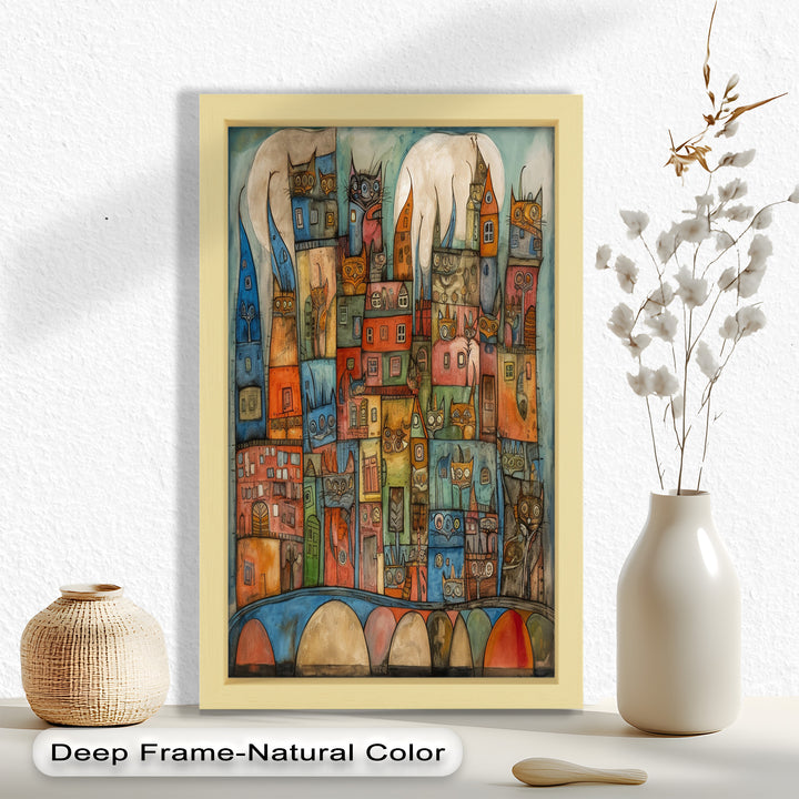 Whimsical Cat Cityscape – Surreal Architecture and Feline Picasso Oil Painting