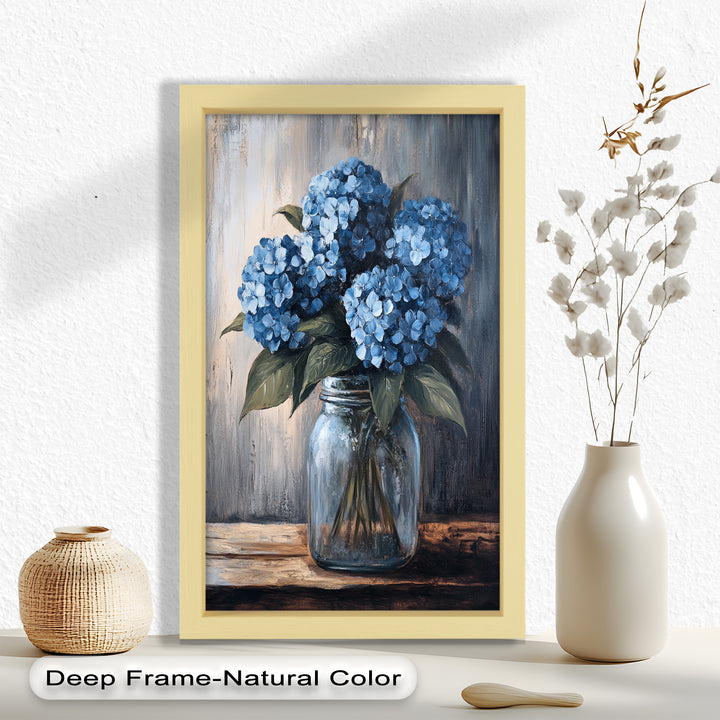 Blaue Gelassenheit – Hortensienblüten im Einmachglas, Blumenölgemälde