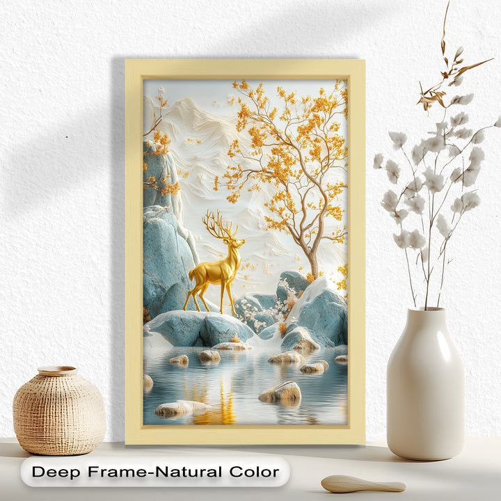 Golden Deer in Snowy Mountain - Animal Oil Painting