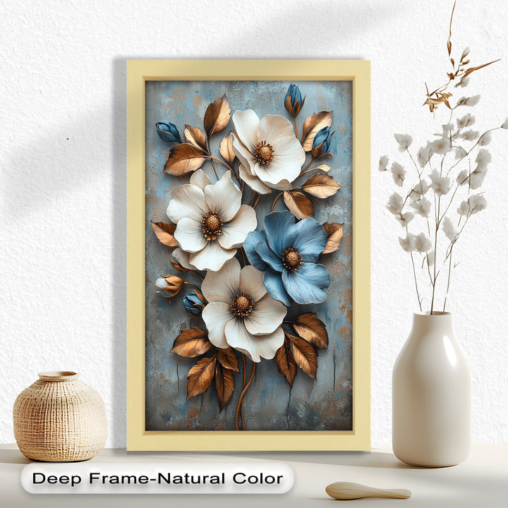 Gilded Petals – Luxuriöses Ölgemälde mit weißen und blauen Blumen