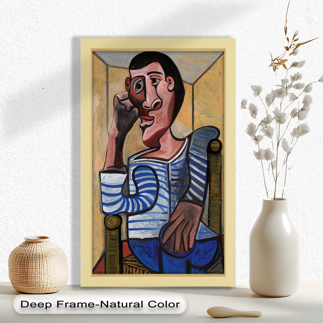 Melancholy in Stripes – Seated Man with Blue Shirt Picasso Oil Painting