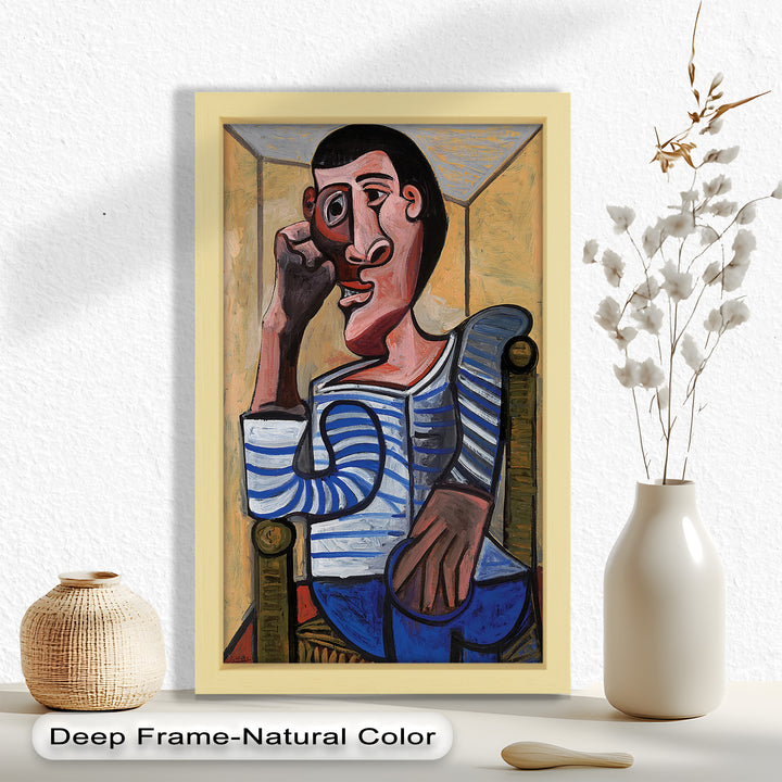 Melancholy in Stripes – Seated Man with Blue Shirt Picasso Oil Painting