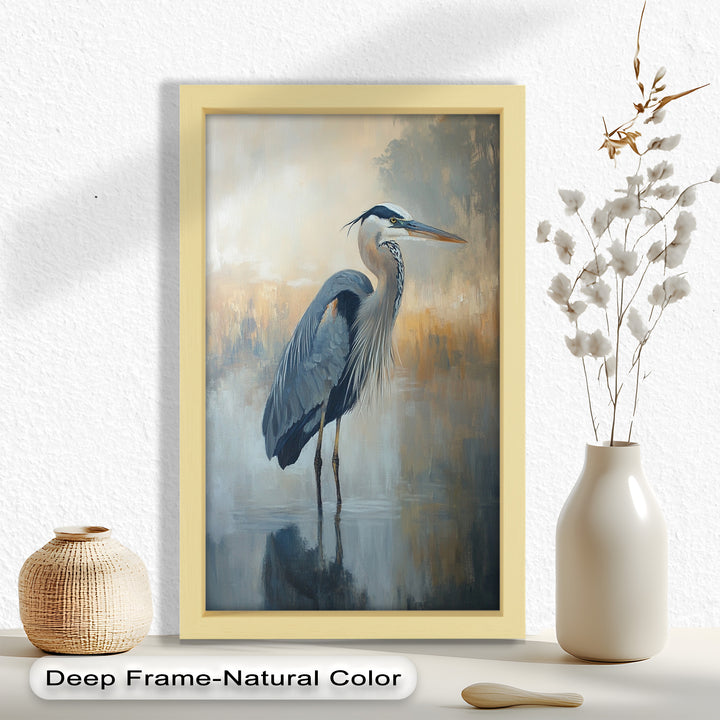 Heron in Misty Marshland - Framed Oil Painting