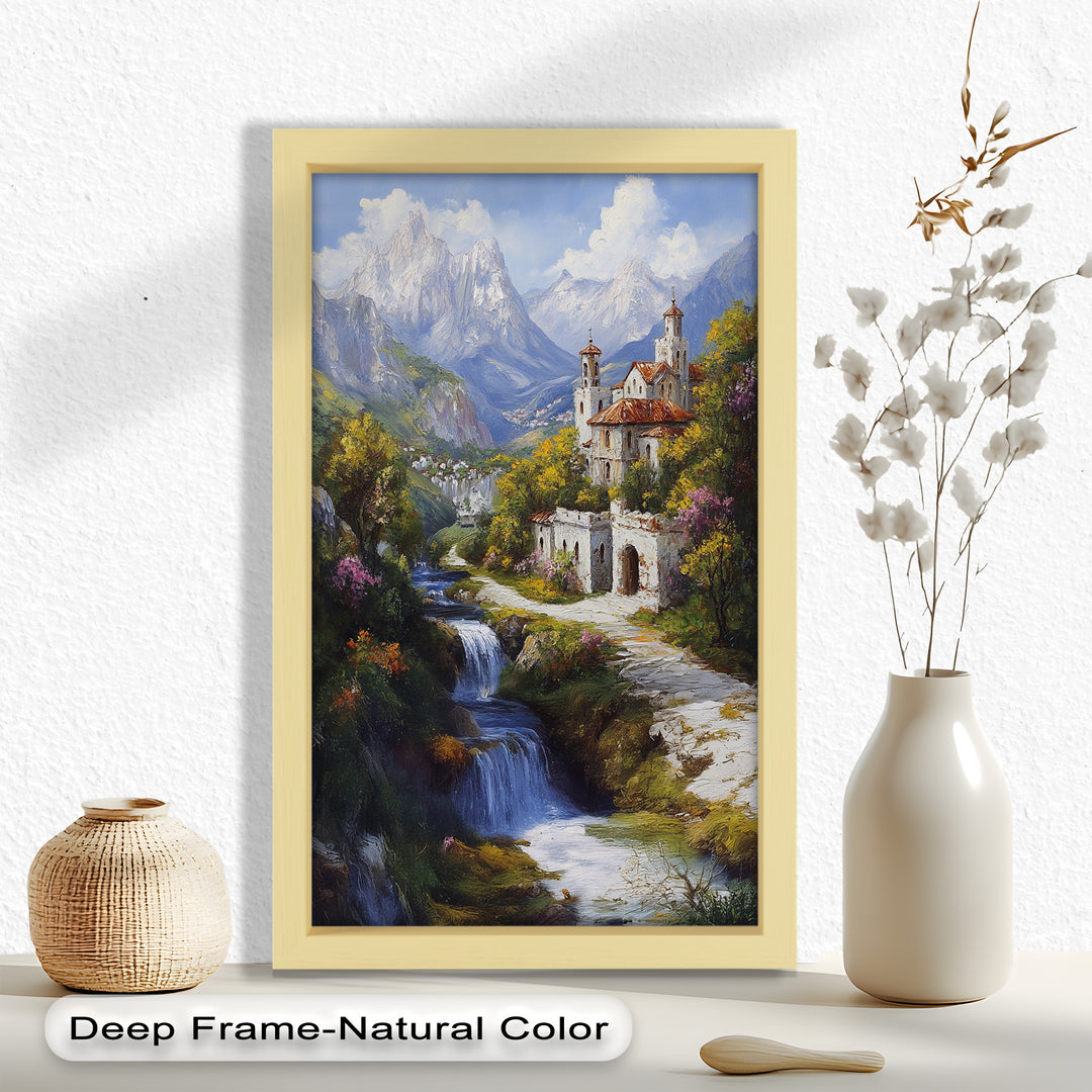 Mountain Abbey by the Falls – Serene Renaissance Oil Painting