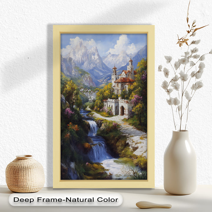Mountain Abbey by the Falls – Serene Renaissance Oil Painting