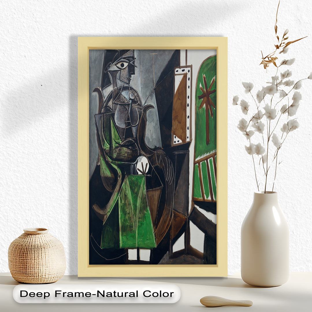 Figure by the Window – Abstract Green Interior Picasso Oil Painting