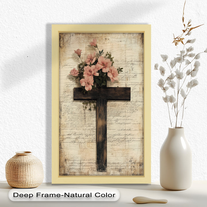 Holzkreuz mit rosa Blüten - Christliches Ölgemälde