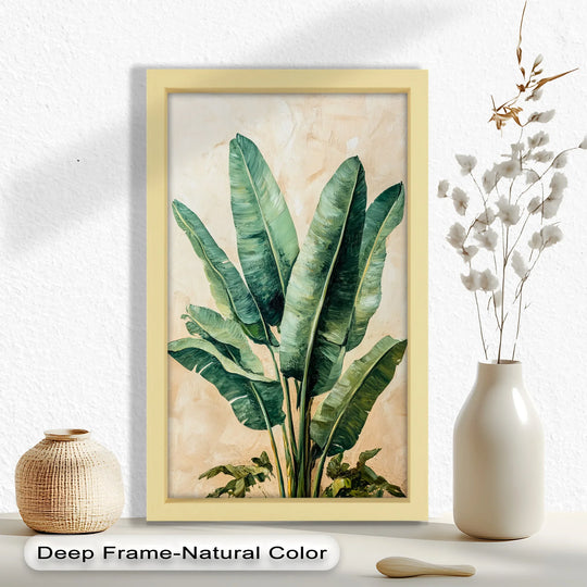 Warm color temperatures highlight the banana leaves in this lush tropical stillness oil painting art piece.