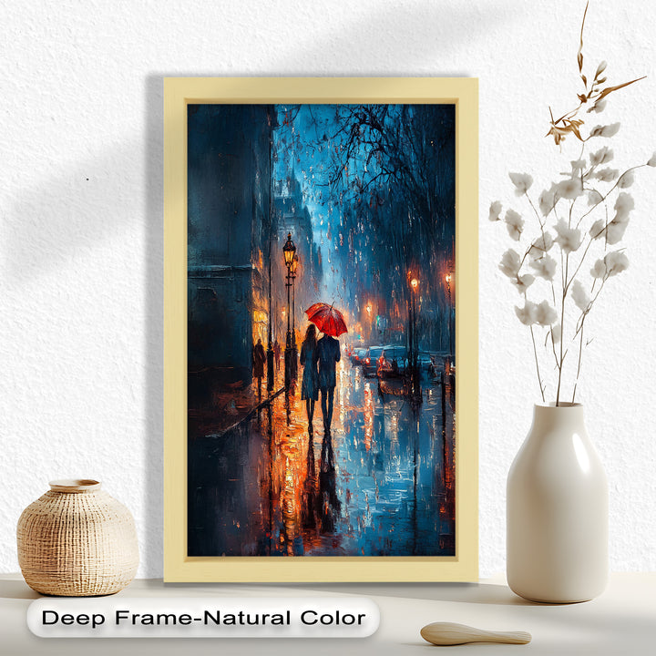 Lovers in the Rain – Romantic Night Street Oil Painting