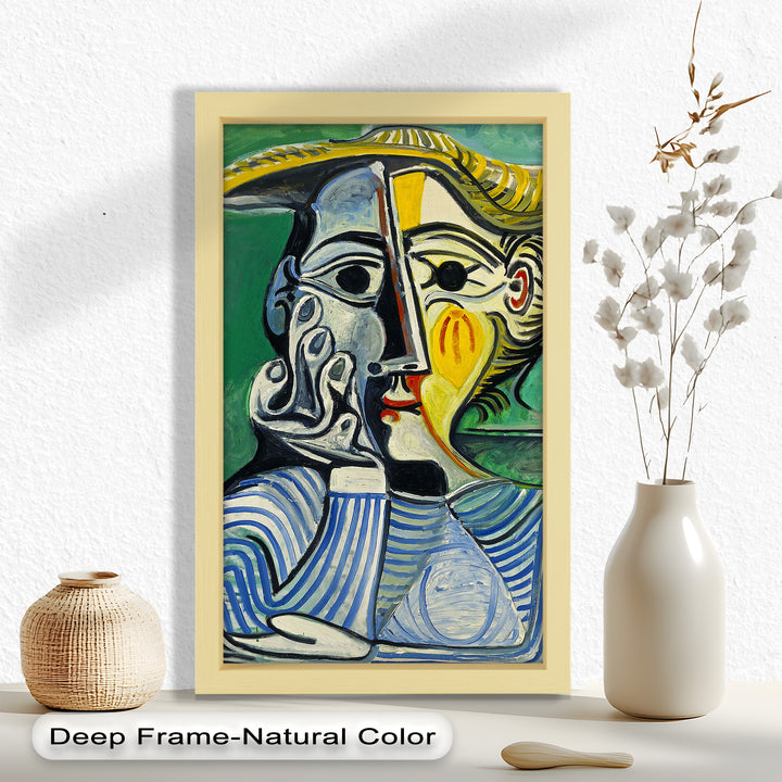 Nachdenklicher Blick – Gestreifte Frau mit Sonnenhut Picasso Ölgemälde